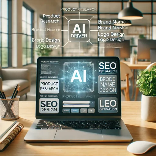 AI-driven tool interface on a laptop screen showcasing features like product research, brand name generator, logo design, and SEO optimization.