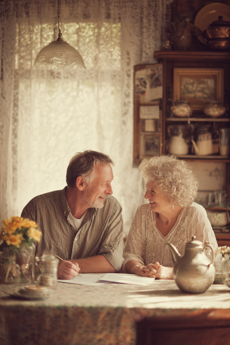 Smiling retired couple sitting together at a cozy kitchen table, reviewing retirement plans and discussing whether to sell their home, rent, and invest the equity for financial security